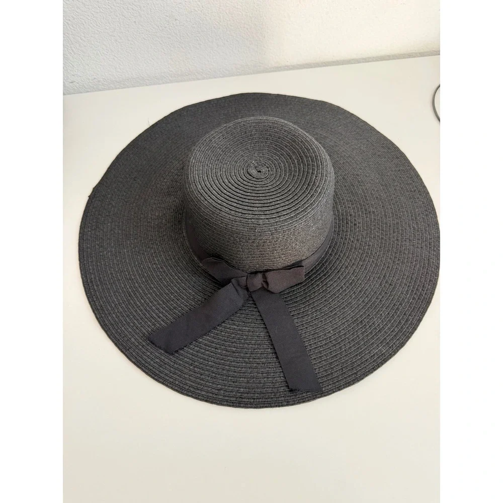 Black Wide Brim Sun Hat Paper Straw Floppy‎ Beach Hat with Ribbon Bow RN17730
